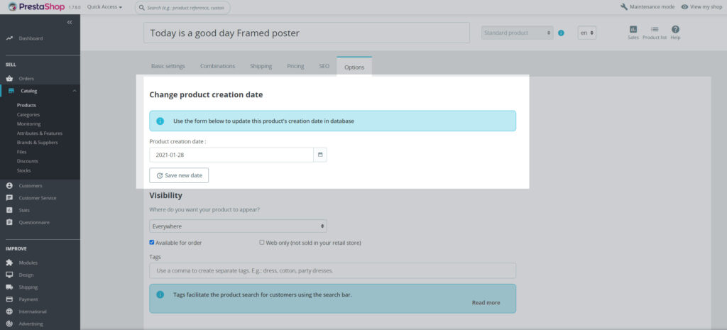 Prestashop 1.7 - Change the product creation date