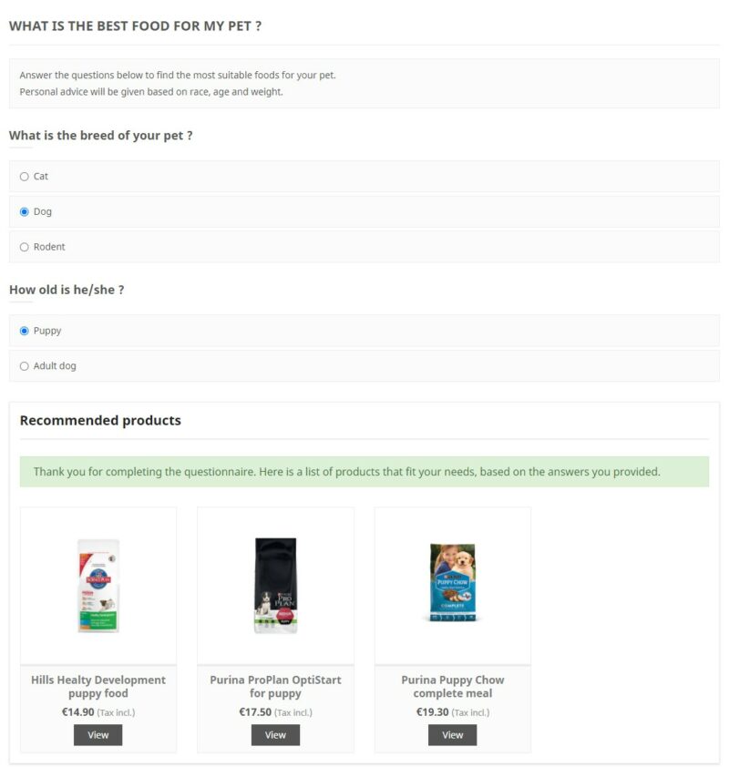Custom product advice funnel survey for Prestashop