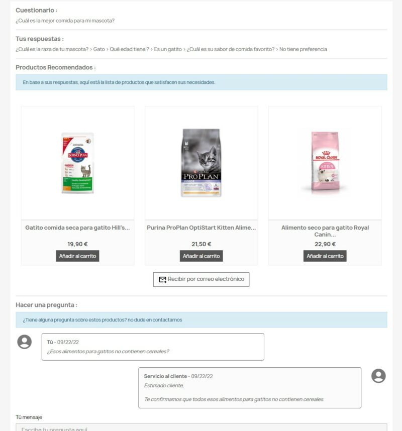 Página "Mis productos recomendados" del espacio personal por el módulo Cuestionario de asesoramiento de productos Avanzado